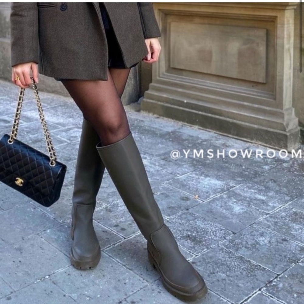 Zara Tall Brown Rubberized Boots NWOT
